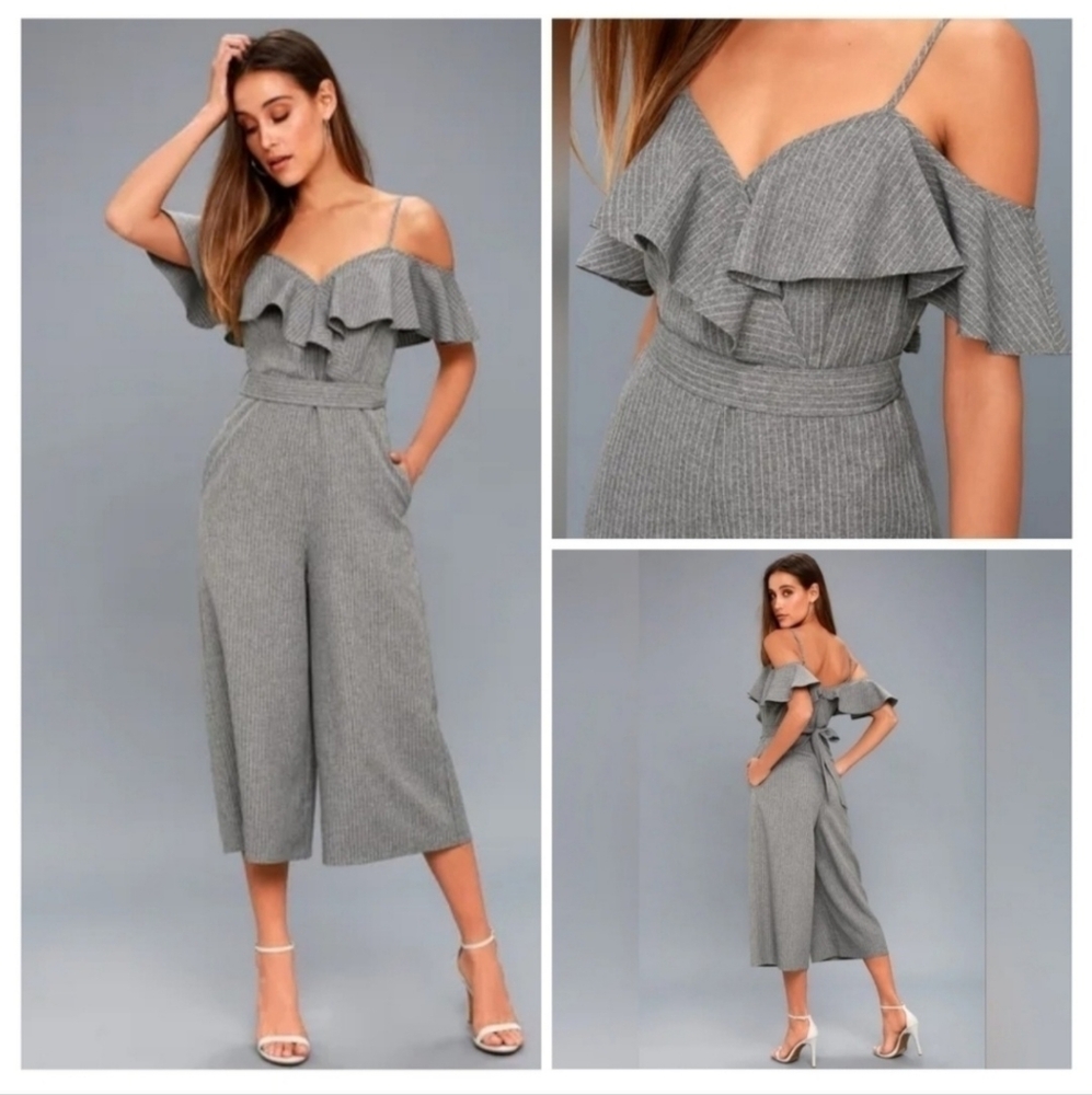 💘 Lulus Grey Striped Off-the-Shoulder Midi Jumpsuit